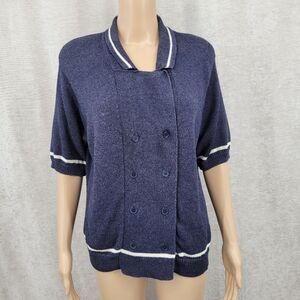 Lucia Navy Blue Double Breasted Short Sleeve Knit Cardigan Coastal Grandma